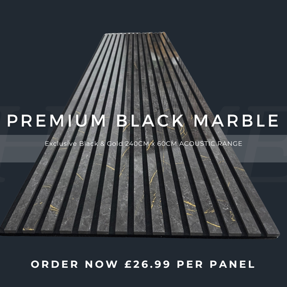 240cm x 60cm Acoustic Slatted Wall Panel Black & Gold Marble