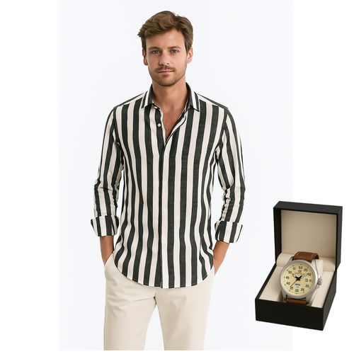 LinoLux – Striped linen shirt + free sports watch with leather strap