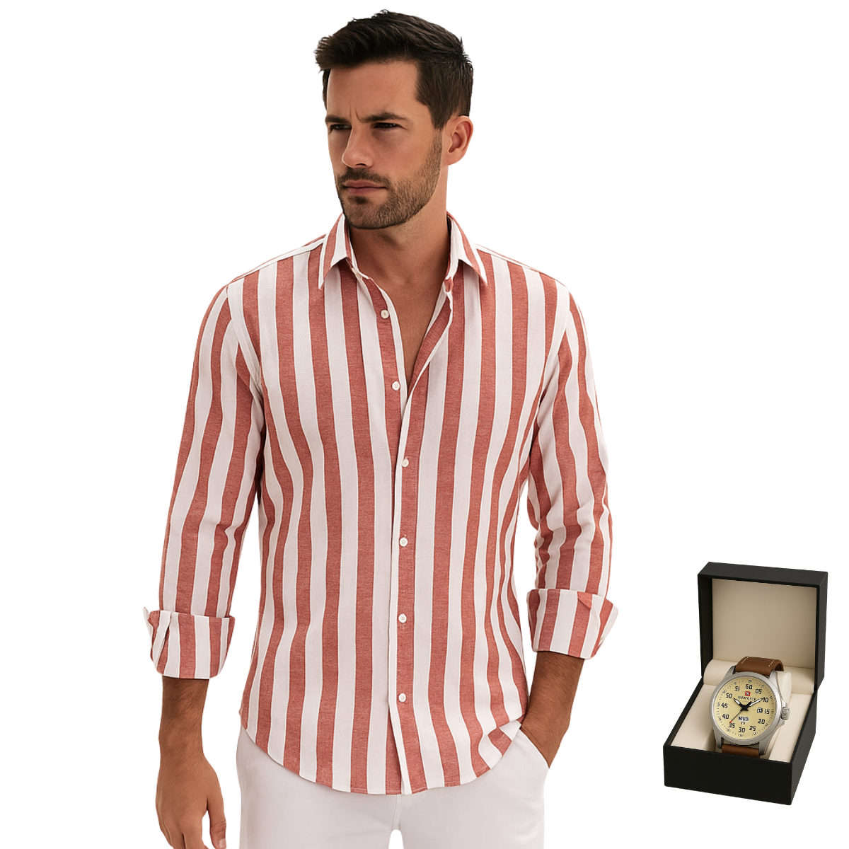 LinoLux – Striped linen shirt + free sports watch with leather strap