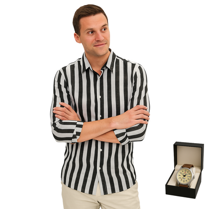 LinoLux – Striped linen shirt + free sports watch with leather strap