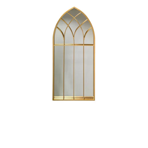 Cathedral Elegance: Arched Gold Window Mirror